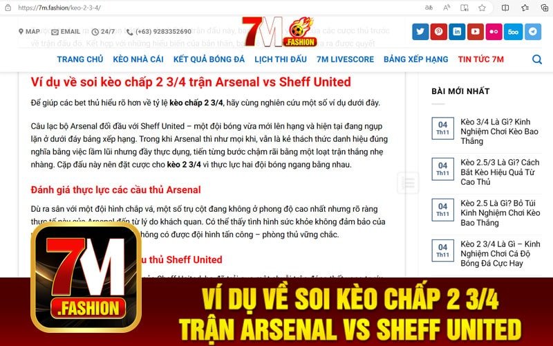 Ví dụ về soi kèo chấp 2 3/4 trận Arsenal vs Sheff United

